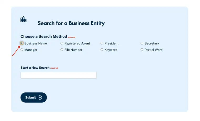 Illinois Secretary of State Business Entity Search page with a Choose a Search Method radio group offering Business Name, Registered Agent, President, Secretary, Manager, File Number, Keyword, and Partial Word, above a Start a New Search field