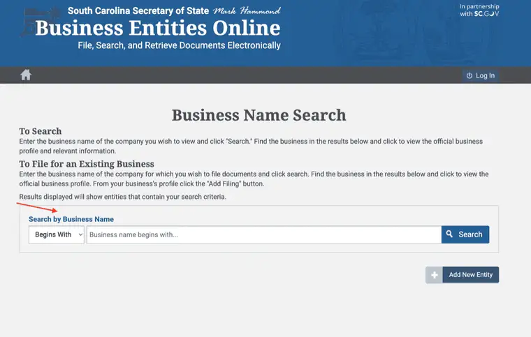 South Carolina Secretary of State Business Entities Online Business Name Search with a Begins With dropdown, a business name field, and a Search button