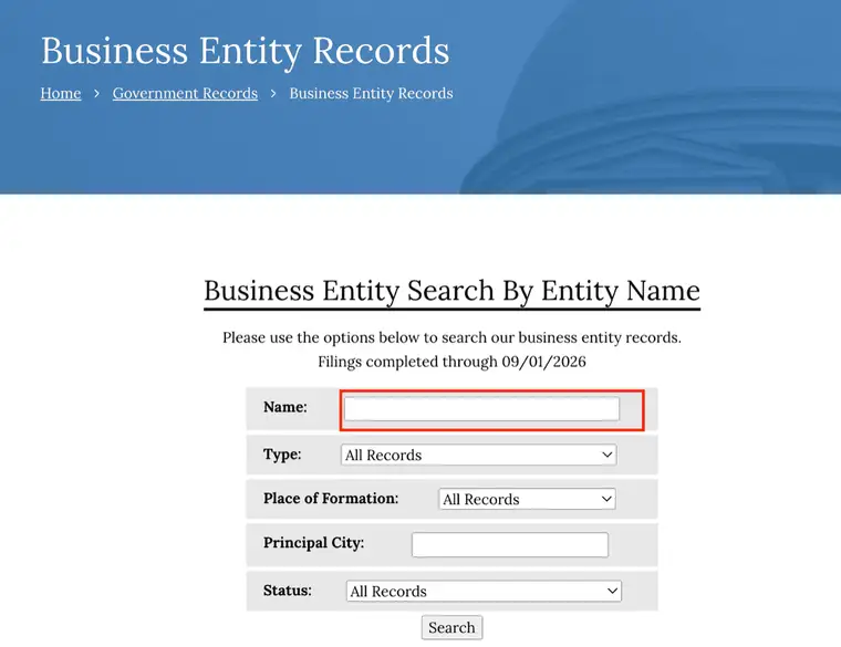 Alabama Business Entity Search By Entity Name form showing Name, Type, Place of Formation, Principal City and Status fields, with the Name box outlined in red