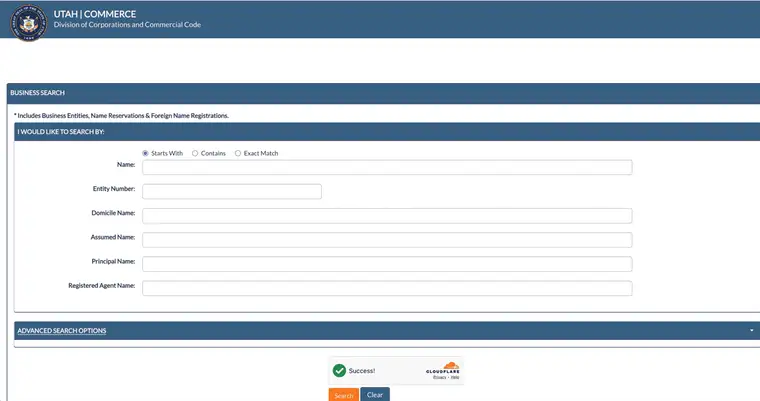 Utah Division of Corporations and Commercial Code Business Search page showing Starts With, Contains and Exact Match radio buttons above Name, Entity Number, Domicile Name, Assumed Name, Principal Name and Registered Agent Name fields
