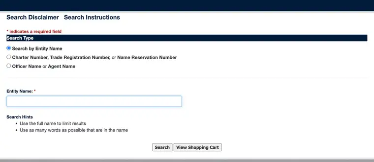 Louisiana Secretary of State CORA commercial search page showing three Search Type radio buttons, a required Entity Name field, a Search Hints list, and Search and View Shopping Cart buttons