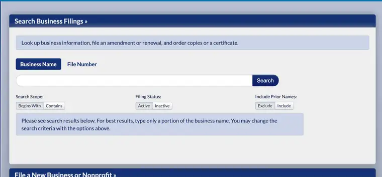 Minnesota Secretary of State Search Business Filings panel with Business Name and File Number tabs, a search box, and Search Scope, Filing Status and Include Prior Names toggles above a guidance message