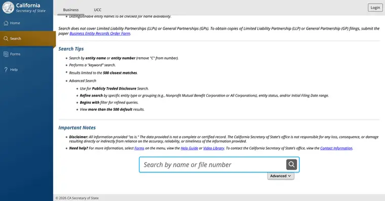 California Secretary of State bizfile Search page with Search Tips, Important Notes, and Search by name or file number field