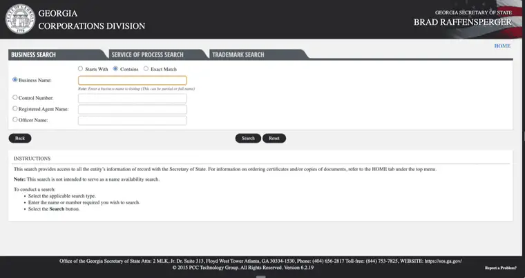 Georgia Corporations Division Business Search form with Business Name selected and Contains match option, plus Search and Reset buttons