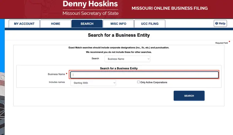 Missouri Search for a Business Entity page with Business Name selected, an empty Business Name field, Starting With selected and Only Active Corporations unchecked
