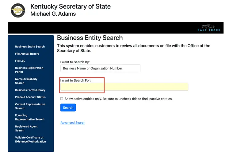 Kentucky Business Entity Search page with Search By set to Business Name or Organization Number, an empty Search For field, the Show active entities only checkbox and Search button