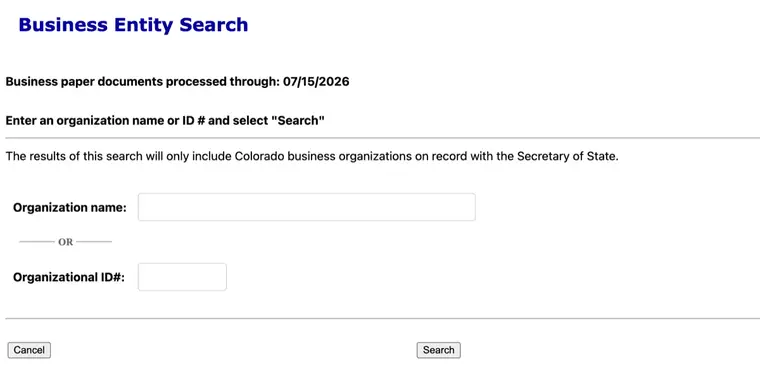 Colorado Secretary of State Business Entity Search form with Organization name and Organizational ID number fields and Cancel and Search buttons