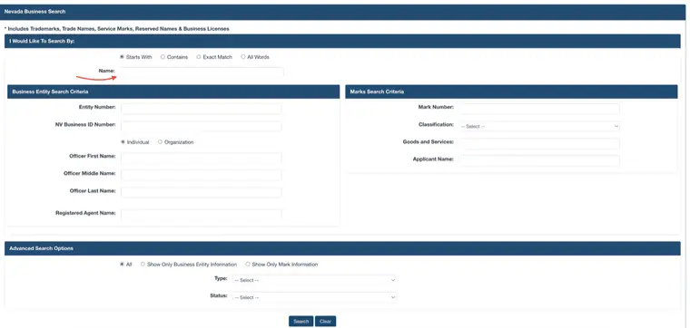 Nevada Secretary of State business search page with Starts With, Contains, Exact Match and All Words radio buttons above a Name field, separate Business Entity Search Criteria and Marks Search Criteria panels, and Advanced Search Options with Type and Status selects