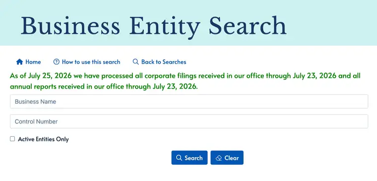 Tennessee Secretary of State Business Entity Search page with a green processing notice above Business Name and Control Number fields, an unchecked Active Entities Only box, and Search and Clear buttons