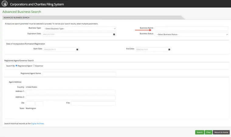 Washington Corporations and Charities Filing System Advanced Business Search page with Business Type, Expiration Date, Business Name and Business Status fields above a Registered Agent and Governor search section