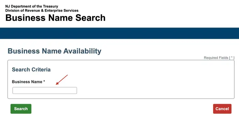 New Jersey Business Name Search page from the Division of Revenue and Enterprise Services with a Search Criteria box, a required Business Name field, and green Search and red Cancel buttons
