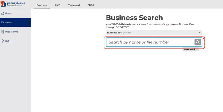 Pennsylvania Department of State business search page with Business, UCC, Trademark and CROP tabs, a left sidebar of Home, Search, Initial Forms and Help, a processing date notice, and a single search box outlined in red