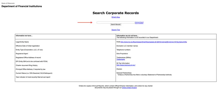 Wisconsin Department of Financial Institutions Search Corporate Records page with a search box, Advanced Search and Name Availability links, and a two-column table titled Information we have and Information we do not have