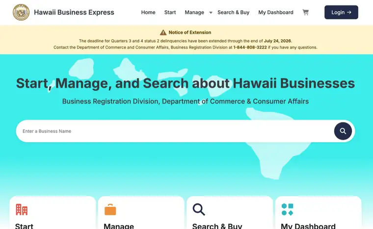 Hawaii Business Express home page with the heading Start, Manage, and Search about Hawaii Businesses and a large Enter a Business Name search bar