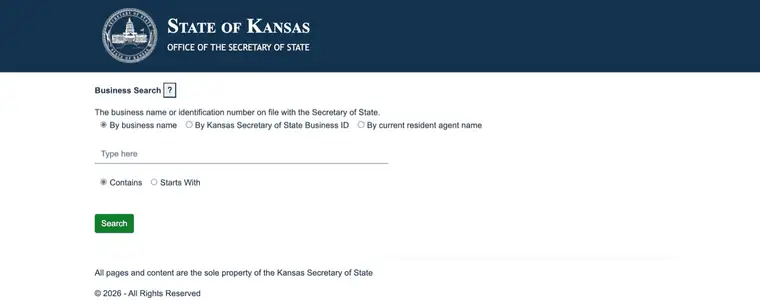 Kansas Secretary of State Business Search page with options to search by business name, business ID, or resident agent name, an empty search field, and a green Search button