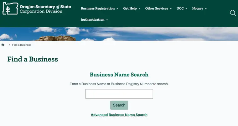 Oregon Secretary of State Corporation Division Find a Business page with a Business Name Search box, a Search button, and an Advanced Business Name Search link