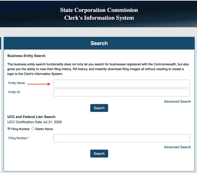Virginia State Corporation Commission Clerk's Information System search page with Entity Name and Entity ID fields, an Advanced Search link, and a separate UCC and Federal Lien Search section below
