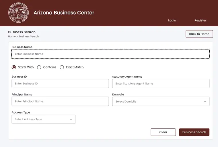 Arizona Corporation Commission Business Search page with a Business Name field, Starts With, Contains, and Exact Match options, and fields for Business ID, Statutory Agent Name, Principal Name, and Domicile