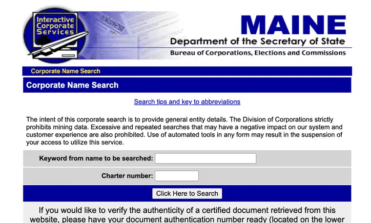Maine Corporate Name Search landing page from the Bureau of Corporations, Elections and Commissions with Keyword and Charter number fields and a Click Here to Search button