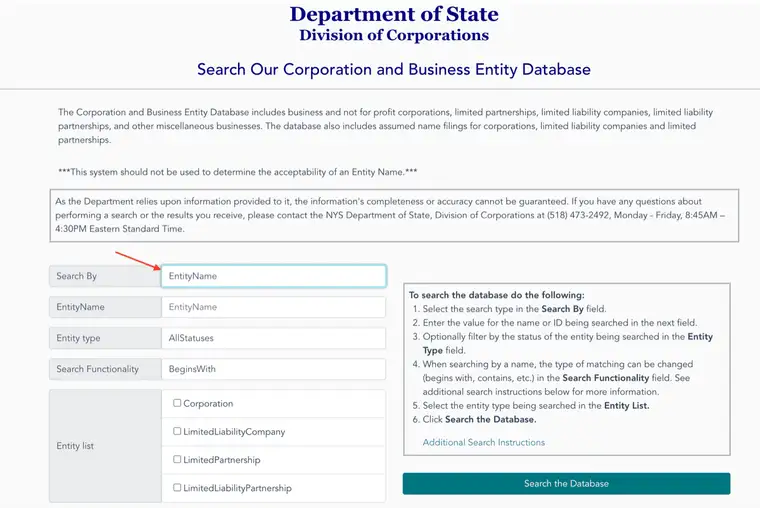 New York Department of State Corporation and Business Entity Database search page with Search By, EntityName, Entity type, Search Functionality and Entity list fields beside a numbered instruction panel
