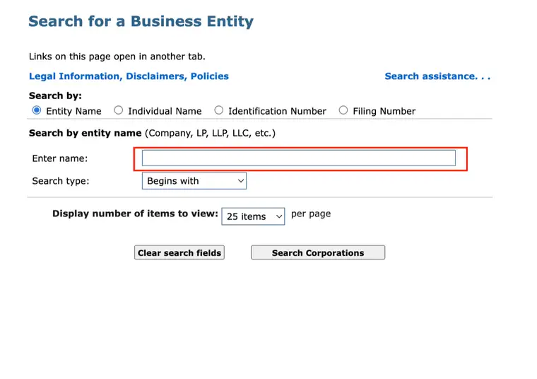 Massachusetts Search for a Business Entity page with Entity Name selected, the Enter name field outlined in red, Search type set to Begins with and 25 items per page