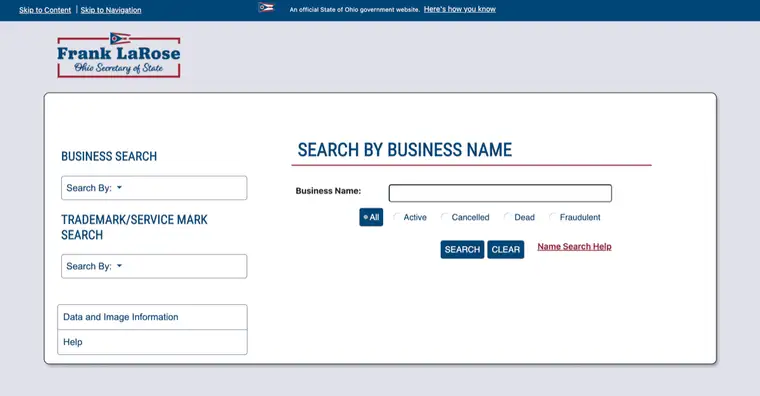 Ohio Secretary of State business search page with SEARCH BY BUSINESS NAME, Business Name field, status filters, and SEARCH and CLEAR buttons