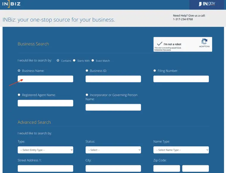 Indiana Business Search on INBiz showing Contains, Starts With and Exact Match options, search fields for Business Name, Business ID, Filing Number, Registered Agent Name and Incorporator or Governing Person Name, and a reCAPTCHA box