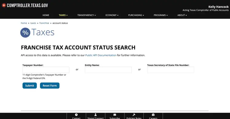 Texas Comptroller Franchise Tax Account Status Search form with Taxpayer Number, Entity Name, and Texas Secretary of State File Number fields