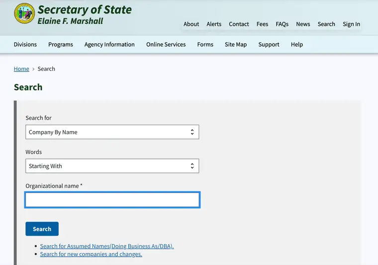 North Carolina Secretary of State search page with a Search for dropdown set to Company By Name, a Words dropdown set to Starting With, an Organizational name field, a blue Search button, and links to search assumed names