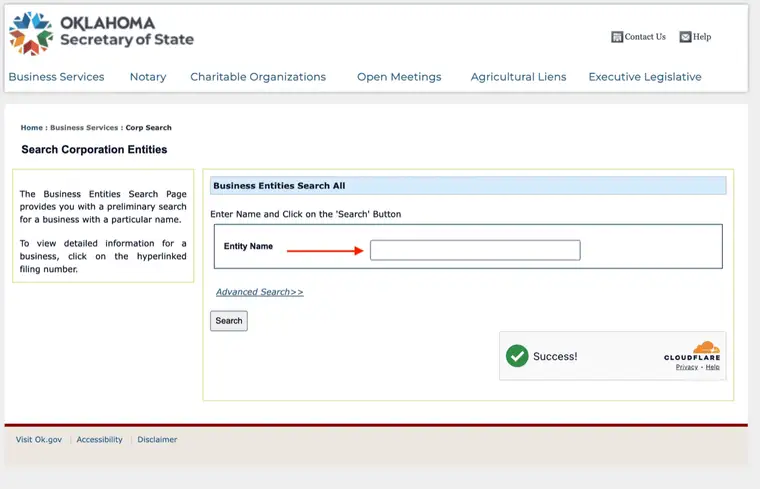 Oklahoma Secretary of State Search Corporation Entities page with a single Entity Name field, an Advanced Search link, a Search button and a Cloudflare verification box