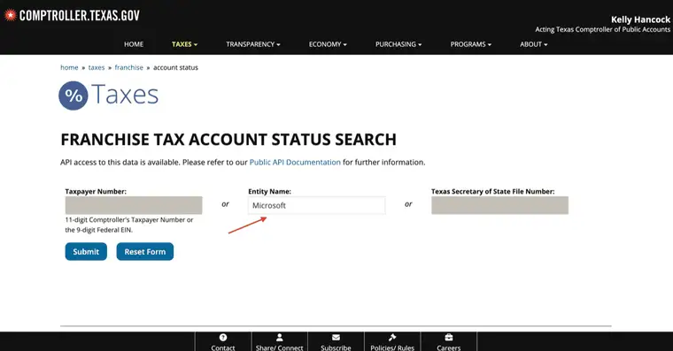 Comptroller search form with Microsoft typed in the Entity Name field and other fields grayed out