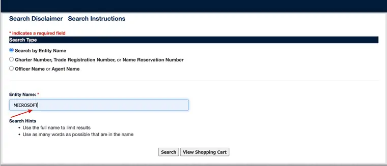 The Louisiana CORA Entity Name field filled with the word MICROSOFT, with a red arrow pointing at the field, above the Search Hints and the Search button