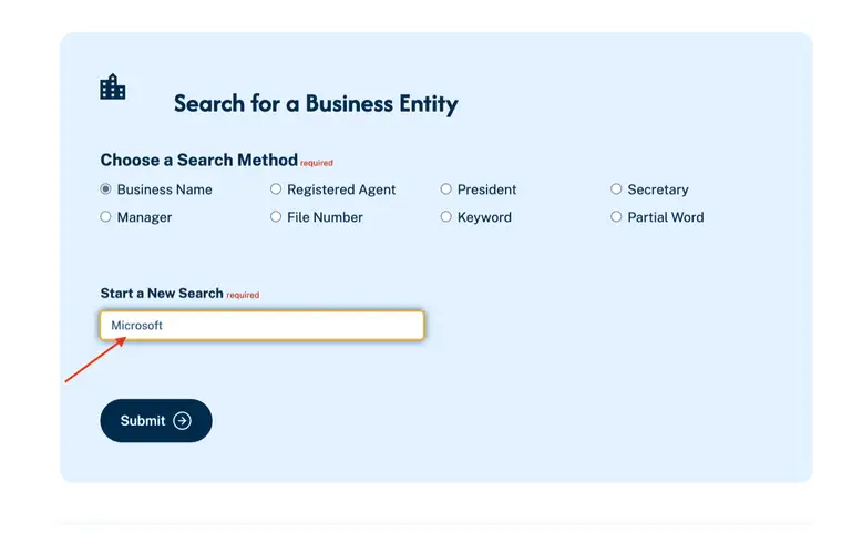 Illinois Business Entity Search with the word Microsoft typed into the Start a New Search field and a red arrow pointing to it, with Business Name selected as the search method