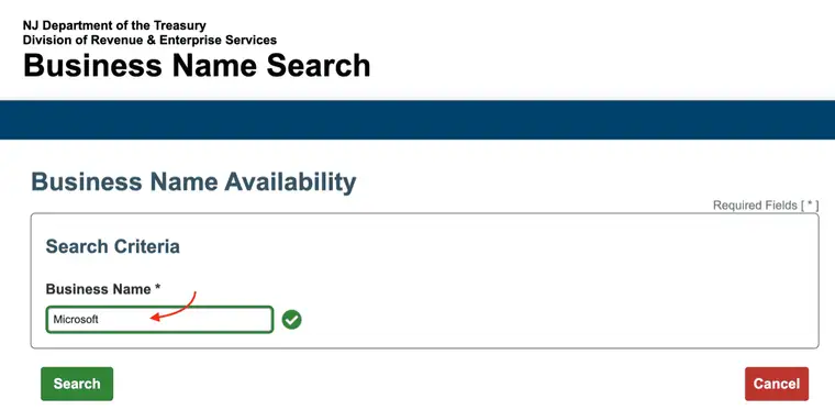 New Jersey Business Name Availability form with the word Microsoft typed into the required Business Name field and a green validation check mark beside it