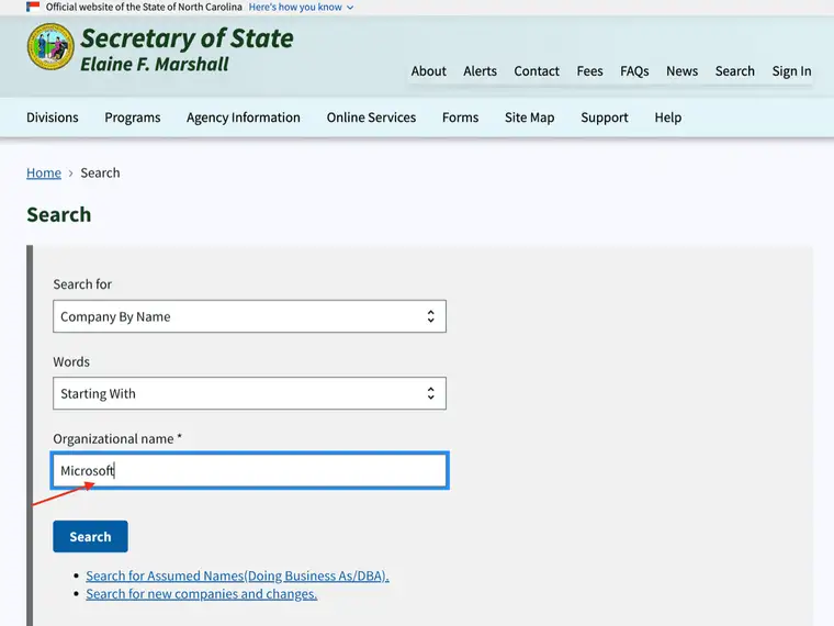 North Carolina search form with the word Microsoft typed into the Organizational name field, the Words menu on Starting With, and a red arrow pointing at the field