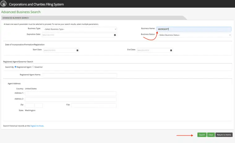 Washington CCFS Advanced Business Search with MICROSOFT entered in the Business Name field, red arrows pointing to the field and to the green Search button