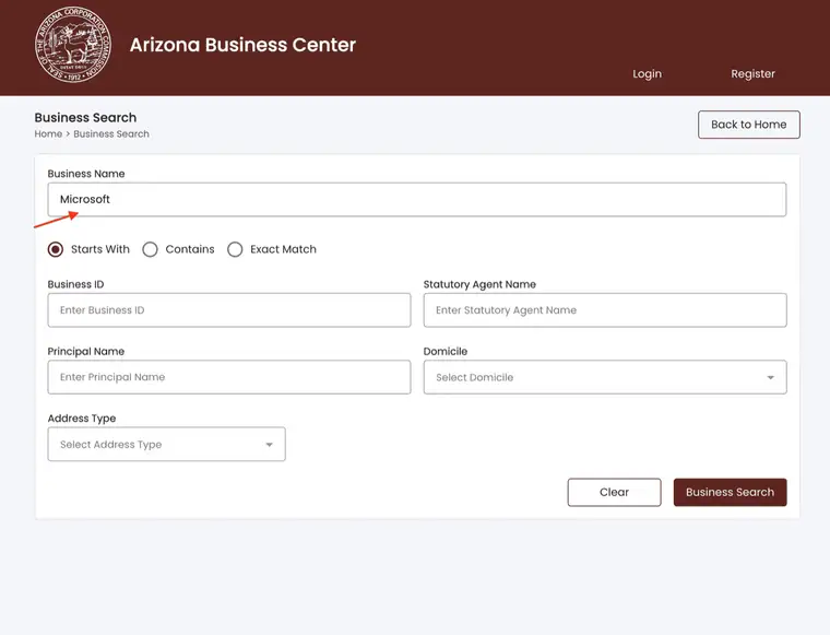 Arizona Business Search with the word Microsoft typed into the Business Name field and a red arrow pointing to it, with Starts With selected