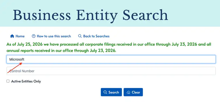 The Tennessee Business Name field filled with the word Microsoft, a red arrow pointing to the field, and the Active Entities Only checkbox still unchecked