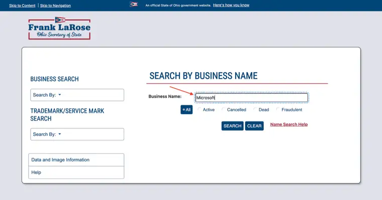 Ohio search form with Microsoft entered in the Business Name field and All status selected