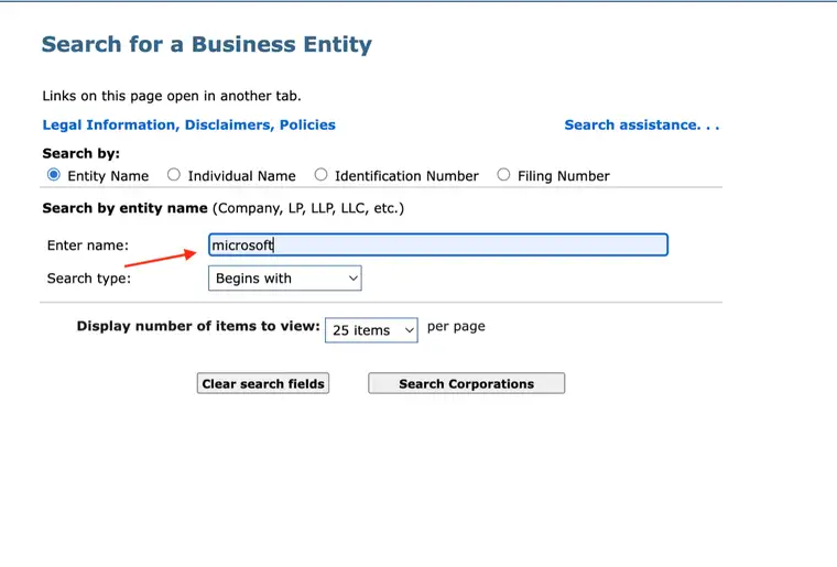 Massachusetts business entity search with microsoft typed in the Enter name field and a red arrow pointing at the query, while Search type remains Begins with