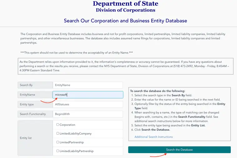 New York entity database with the word microsoft typed into the EntityName field, red arrows pointing to the field and to the Search the Database button, with Search Functionality set to BeginsWith