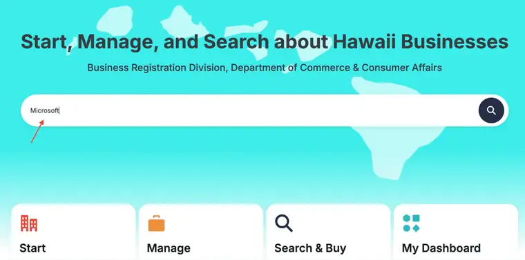 Hawaii Business Express search bar with the word Microsoft typed into the Enter a Business Name field
