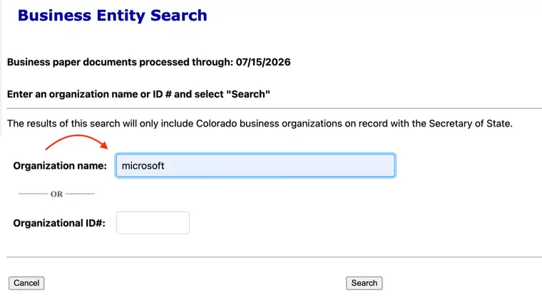 Colorado Business Entity Search with the word microsoft typed into the Organization name field
