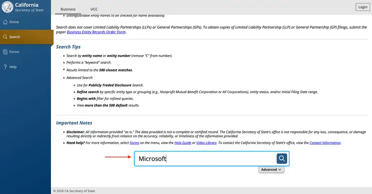 bizfile search field filled with Microsoft next to the search icon and Advanced dropdown
