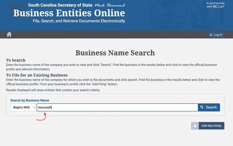 South Carolina Business Name Search with the word microsoft typed into the search field and Begins With selected