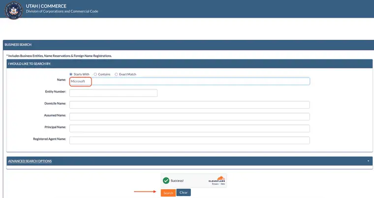 The Utah Name field filled with the word Microsoft while the Starts With radio button remains selected, with a red arrow pointing at the orange Search button