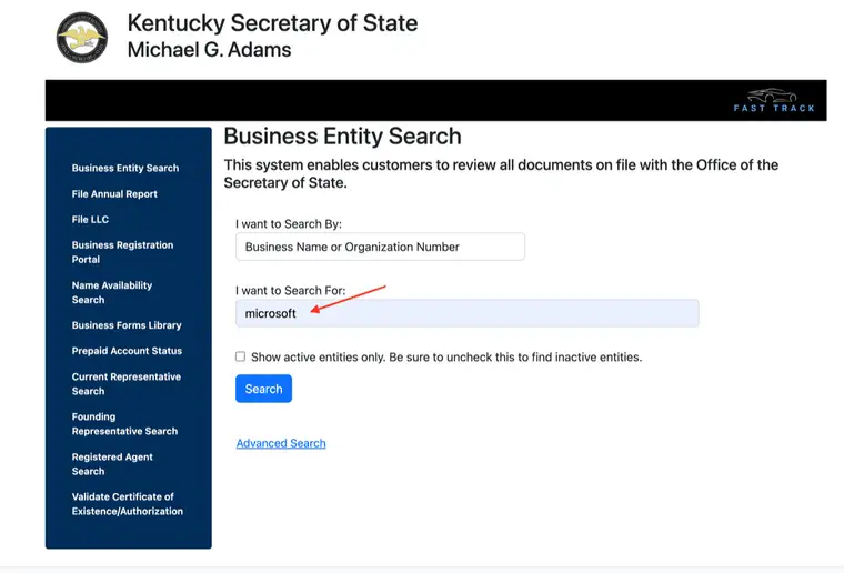 Kentucky Business Entity Search with Microsoft entered in the Search For field and a red arrow pointing to the text