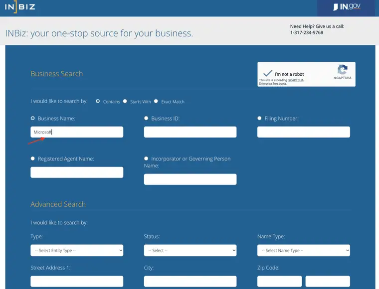 The Indiana Business Name field filled with the word Microsoft while the Contains match mode stays selected, with a red arrow pointing at the field