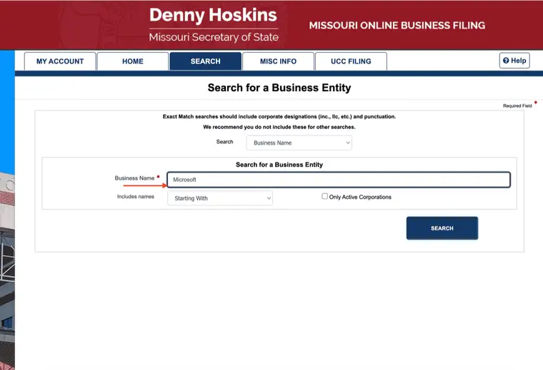 Missouri business entity search with Microsoft entered in the Business Name field, Starting With selected and a red arrow pointing to the query