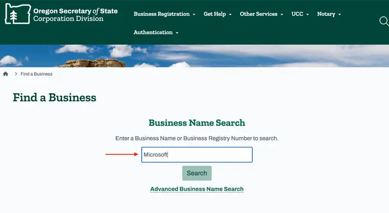 Oregon Business Name Search box with the word Microsoft typed in and a red arrow pointing to it, above the Search button